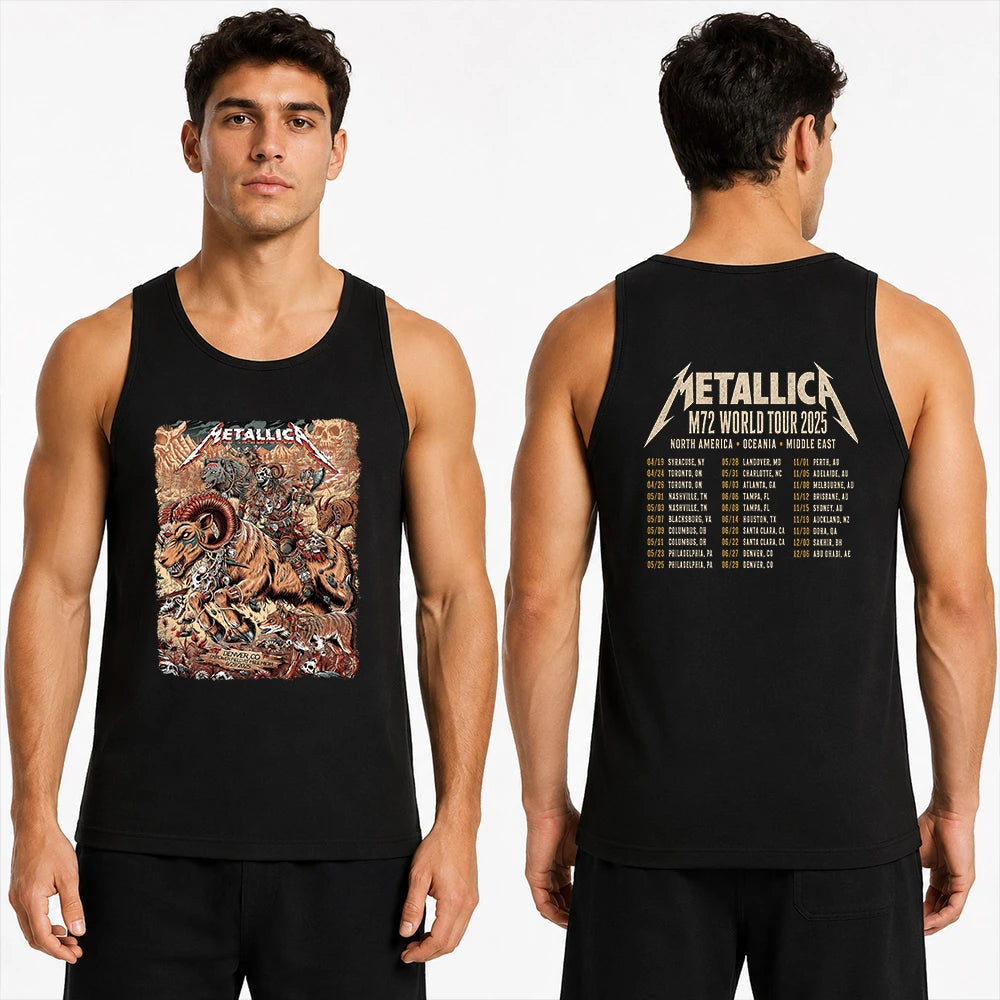 Metallica M72 World Tour June 29 2025 Empower Field At Mile High Denver Colorado United States 2 side T-shirt by Juan Ma Orozco featuring a skull-faced warrior riding a horned beast, wolves, skulls, bones, rocky mountains and M72 tour back print.